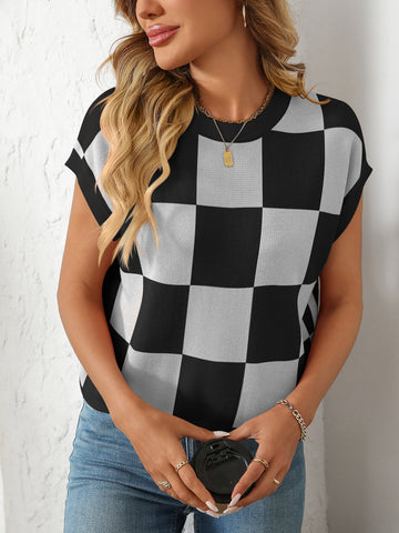 Summer Sleeve Block round Neck Plaid