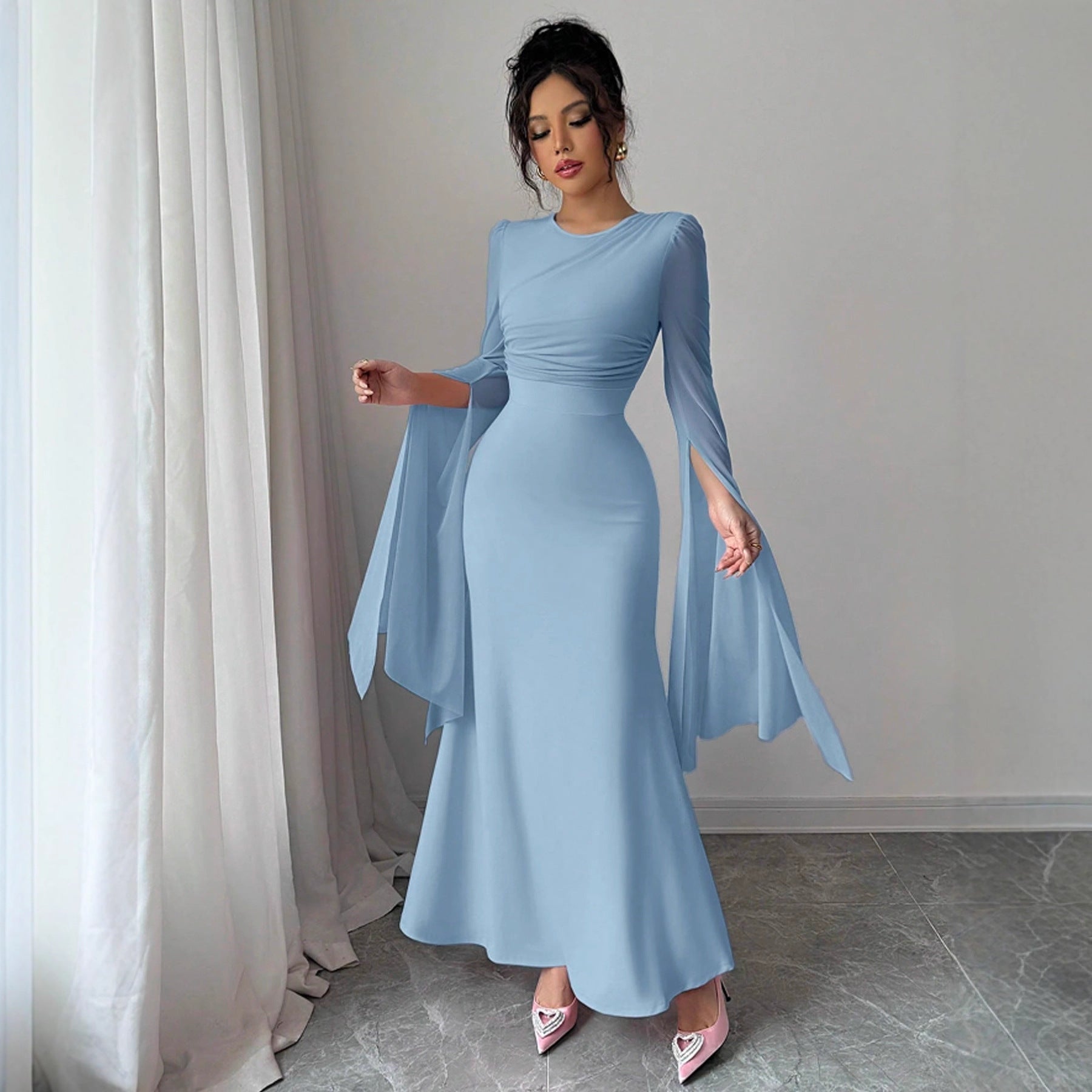 Stitching Mesh Large Swing Sleeves Sexy Slim Fit Fishtail Dress