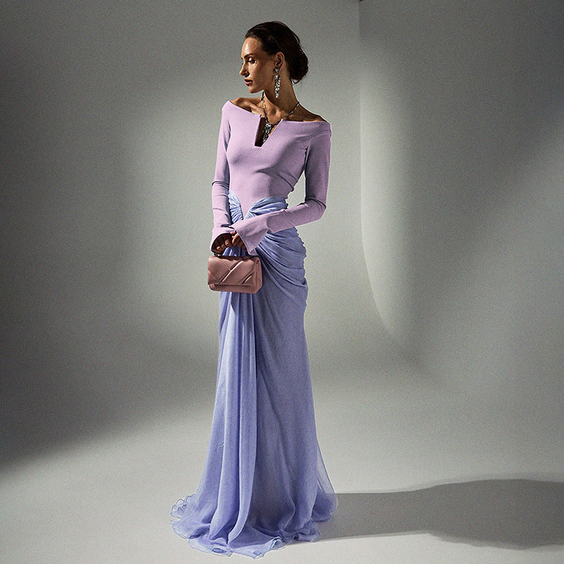 Summerville Clothing Colorblock Slim Pleated Long Sleeve Elegant Dress