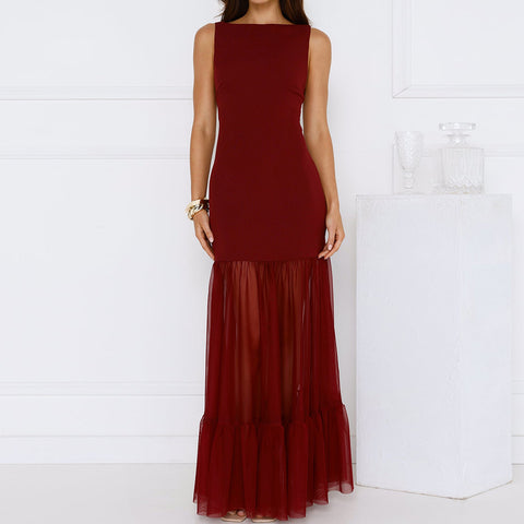 Los Frailes Sleeveless Mesh Stitching Tight Sheath Transparent Backless Dress