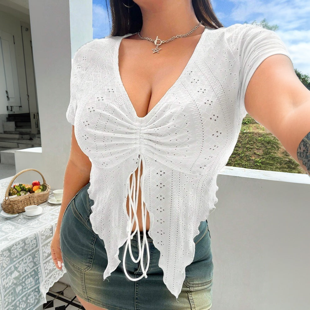 Plus Size Women Elegant Sweet Spicy T shirt Spring Summer V neck Skinny Slimming Top