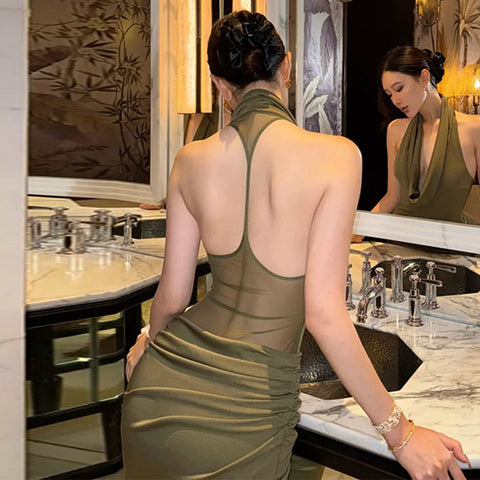 Las Caobas Sexy Backless Pleated Slim Elegant Halter Maxi Dress
