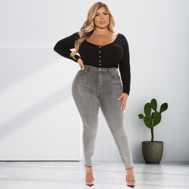Plus Size Women Clothing Autumn Sping U Collar Breasted Long Sleeve Sexy Jumpsuit