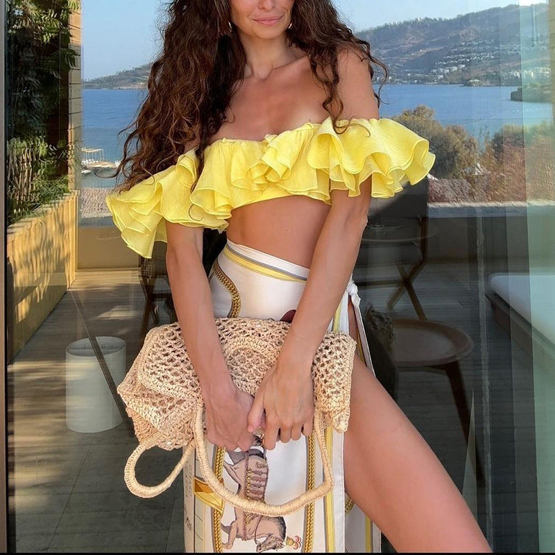 Summer Women Clothing Sexy Halter Cropped Wrapped Chest Split Lace Sleeve Solid Color Top