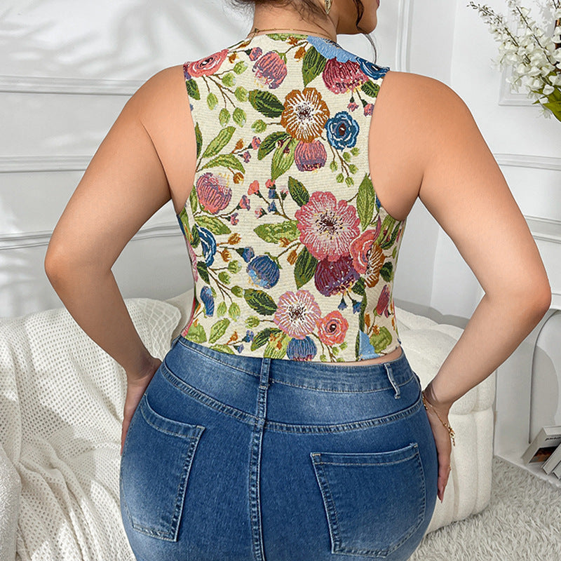 Plus Size Women Retro Printed Sexy V neck Vest French Women All Match Floral Sleeveless Top