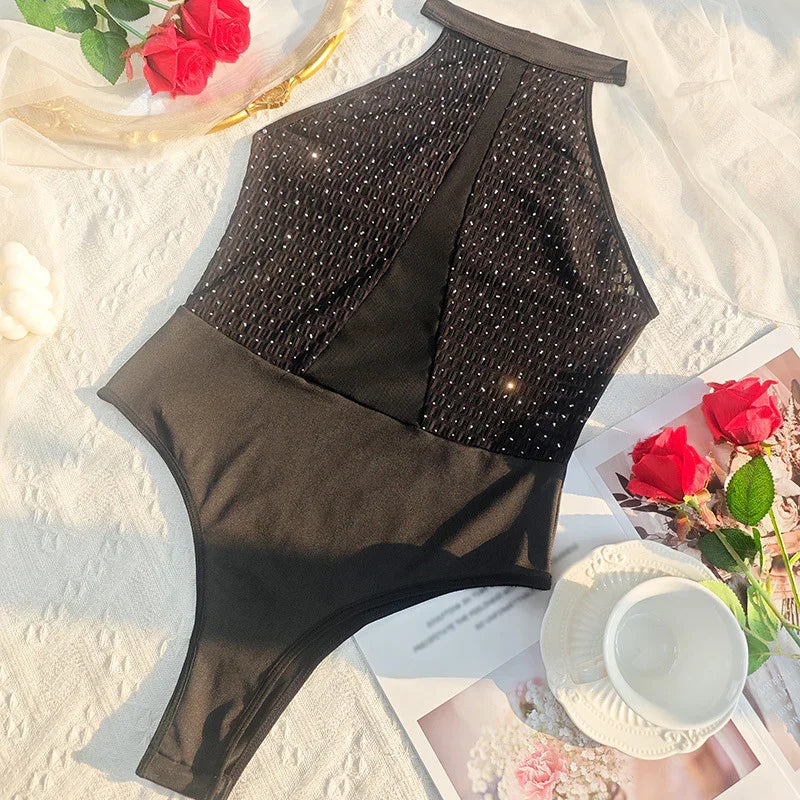 Mamaroneck Backless Slim Fit See through Light Diamond Halter Fishnet Top
