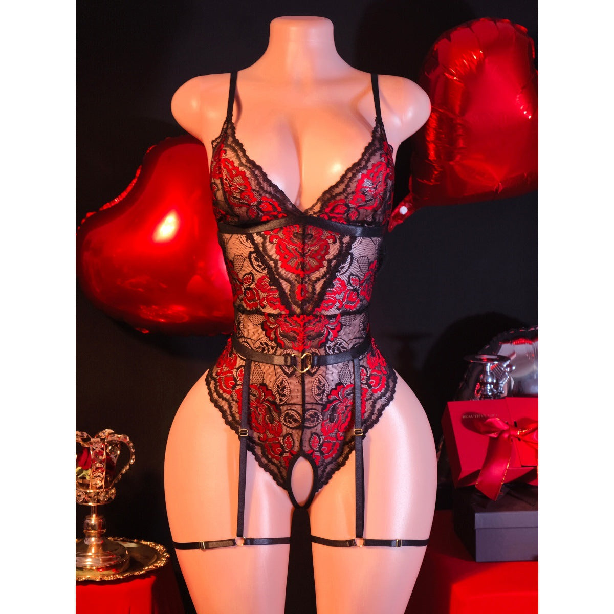Contrasting Color of Black Red Lace Jumpsuit with Garter Sexy Lingerie