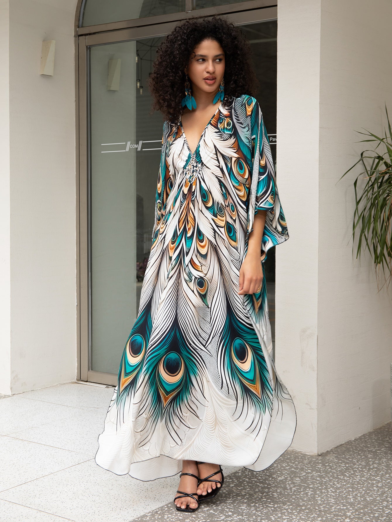 Rayon Print Holiday Loose plus Size Maxi Beach Jumpsuit Robe Women Beach Cover Up