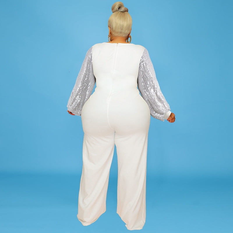 Plus Size Women Clothes Winter New Sequin Sleeve round Neck Jumpsuit New