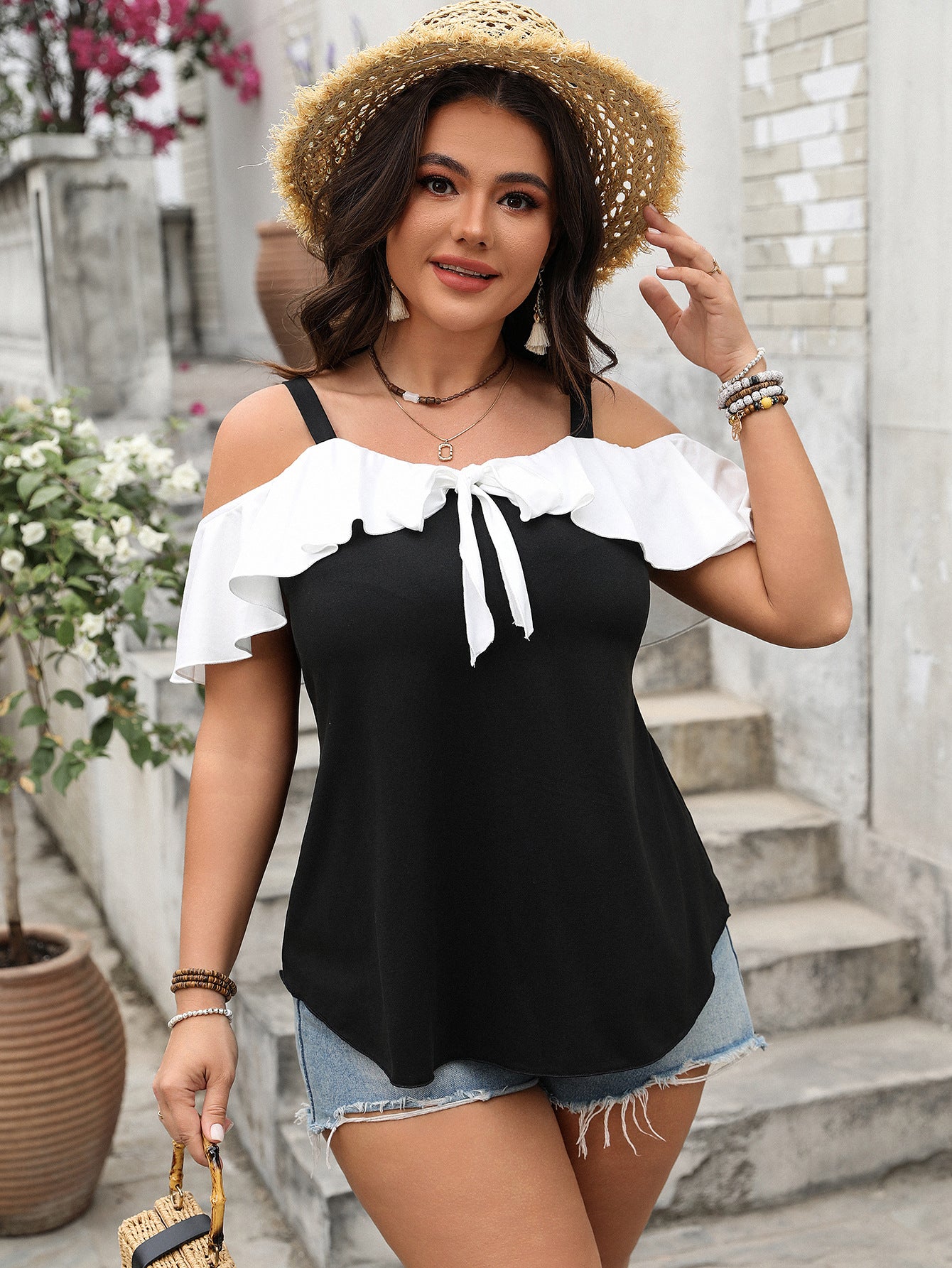 Plus Size Women Clothing Spring off the Shoulder Ruffle Sleeve Short Sleeve Strappy