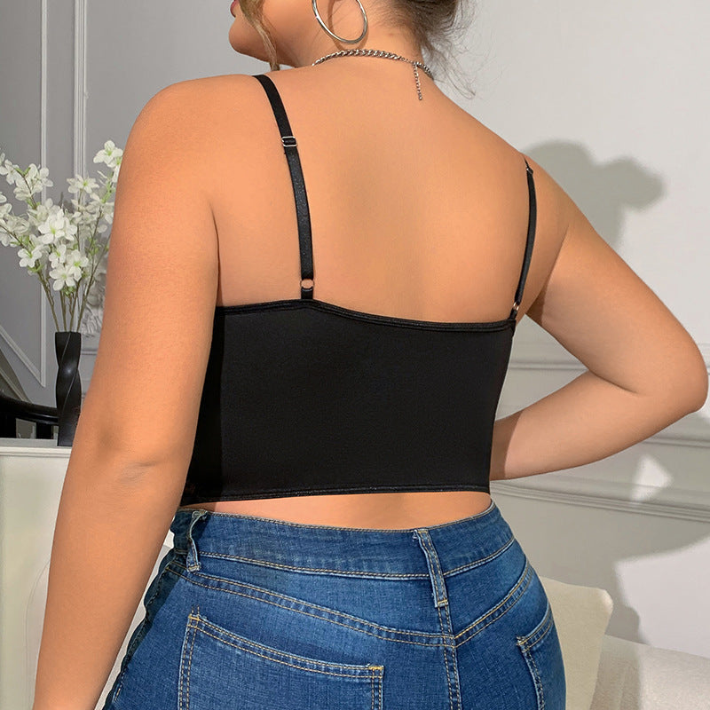 Plus Size Girl Lace Hollow Out Cutout Sexy Steel Ring Chain Short Sexy Sling Vest Plump Girls