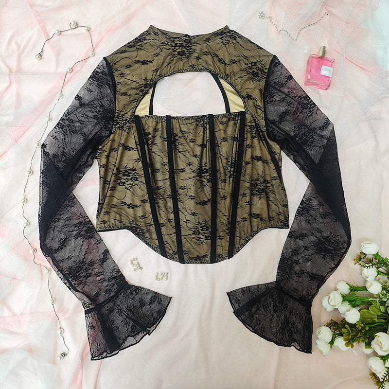 Plus Size Sexy Mesh Low Cut Steel Ring Boning Corset Long Sleeved Top Sexy Slim Lace Wome Clothing