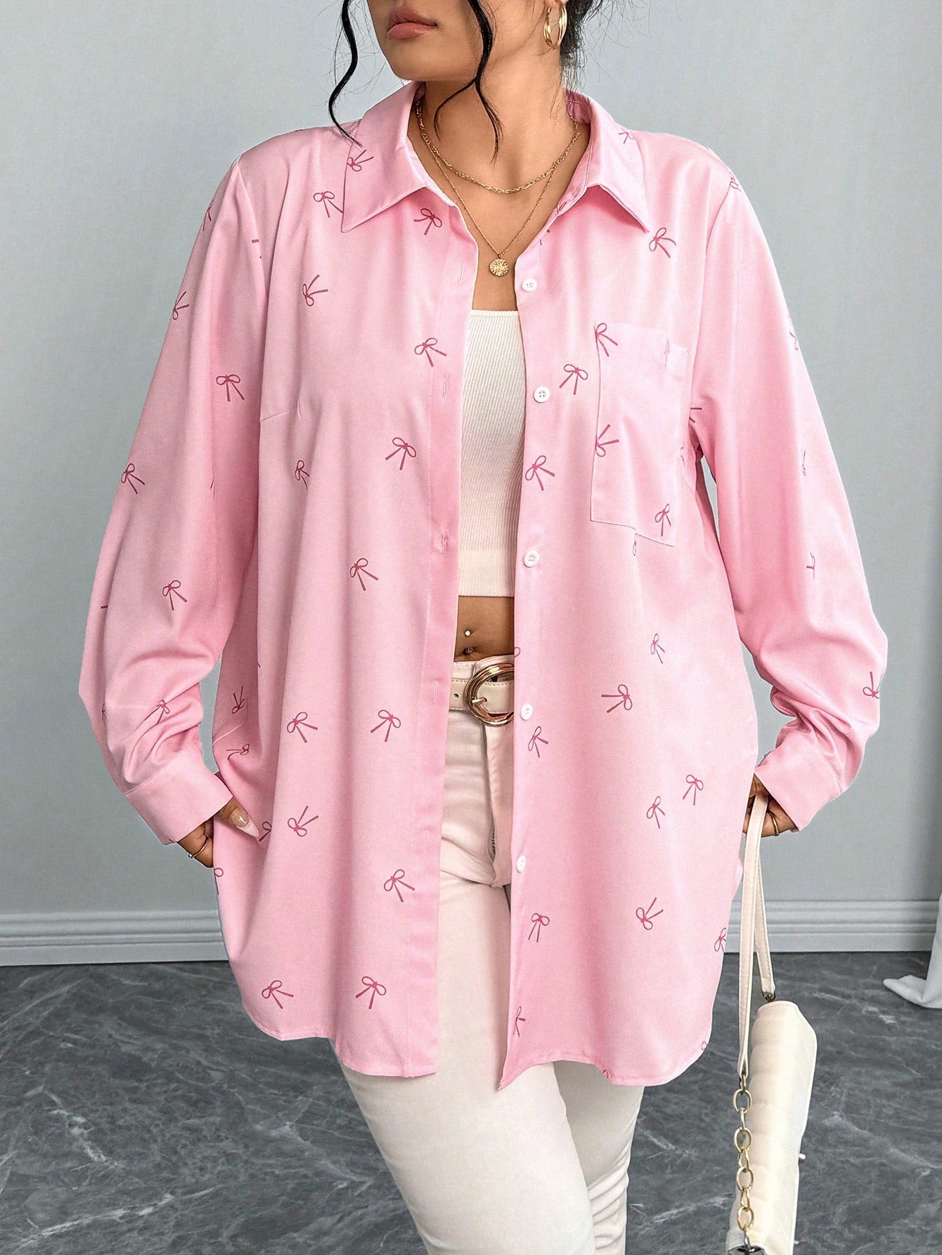 Plus Size Arrival Women Shacket Bow Print Long Sleeve Casual Shirt Autumn Loose