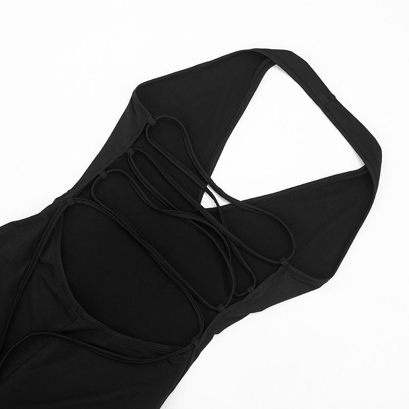 Women Clothing Summer Solid Color Sexy Sleeveless Backless Lace up Halter Cropped Long Conjoined Trousers