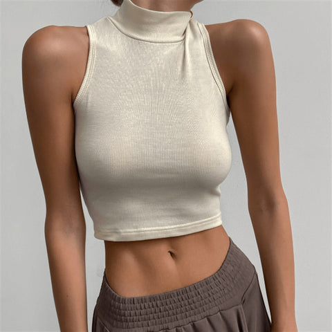 women Inner Half High Collar Cropped Solid Sleeve