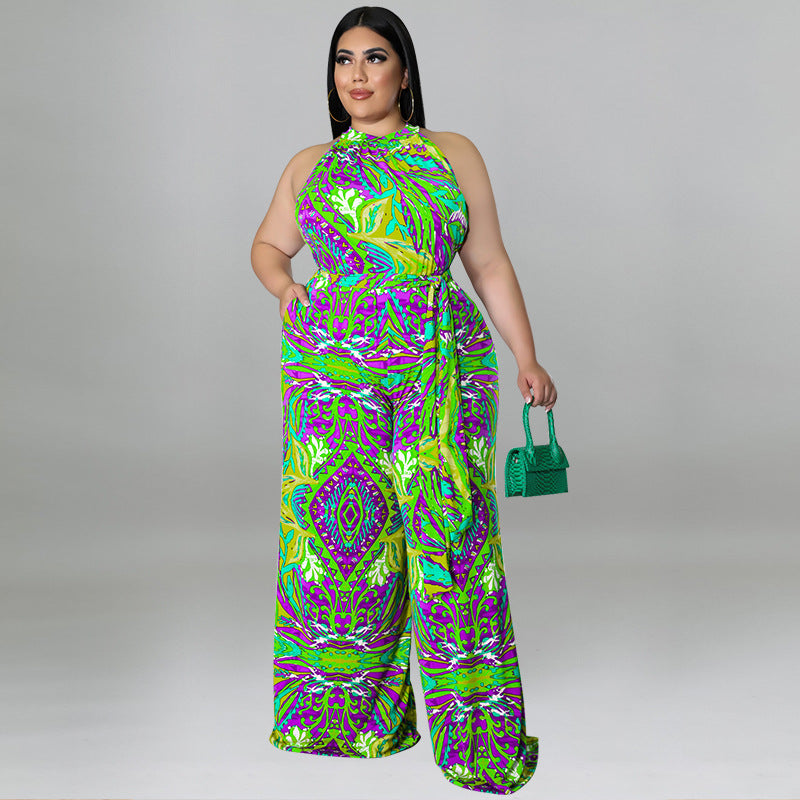 Plus Size Women Clothes Printing Collar Jumpsuit