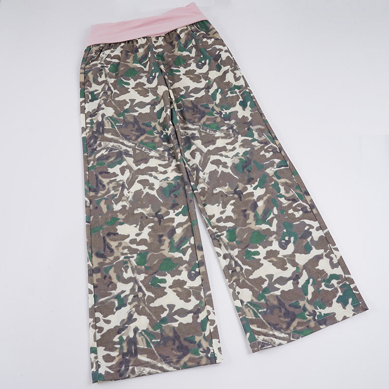 Retro Casual Camouflage Waist Contrast Color Trousers Women Street Sweet Spicy Loose Draggle Tail Straight Trousers
