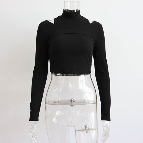 women Inner Half High Collar Cropped Solid Sleeve