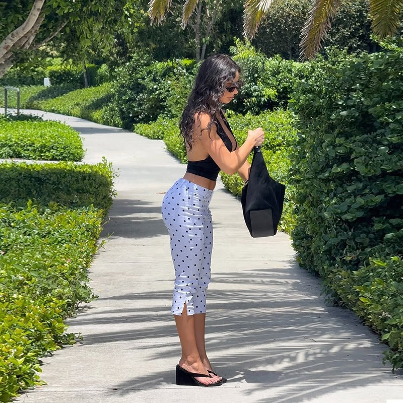 Polka Dot Printed Elegant Sports Casual Tight Cropped Pants