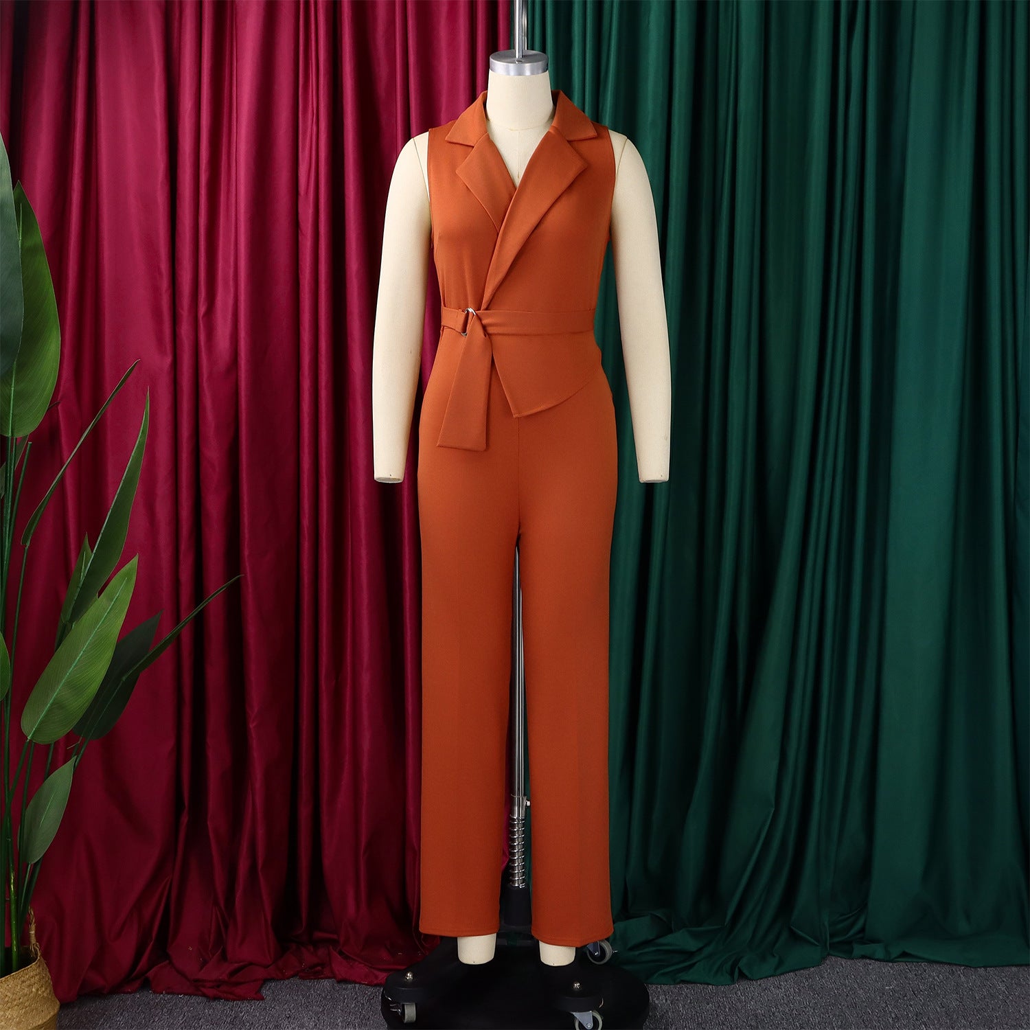 Summer Solid Color Sleeveless Collar Lace up Wide Leg Pants Jumpsuit