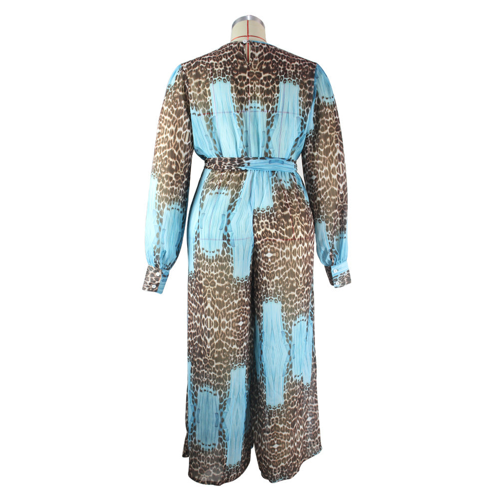 Plus Size Plus Size V neck Chiffon Jumpsuit Leopard Print Fashion Sexy Long with Belt