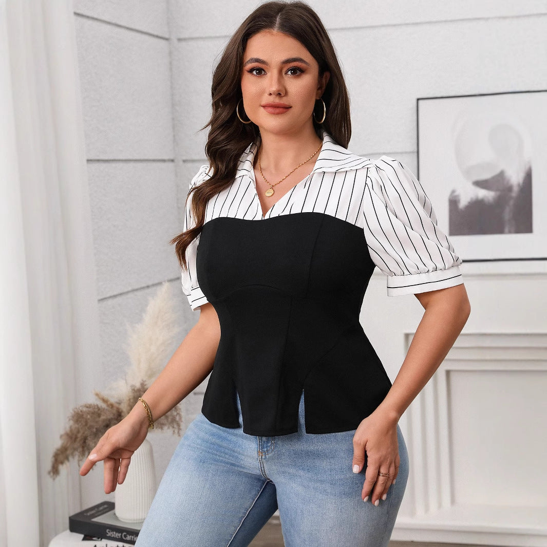 Women Clothing Striped Patchwork Top Summer Thin Short Sleeve Top
