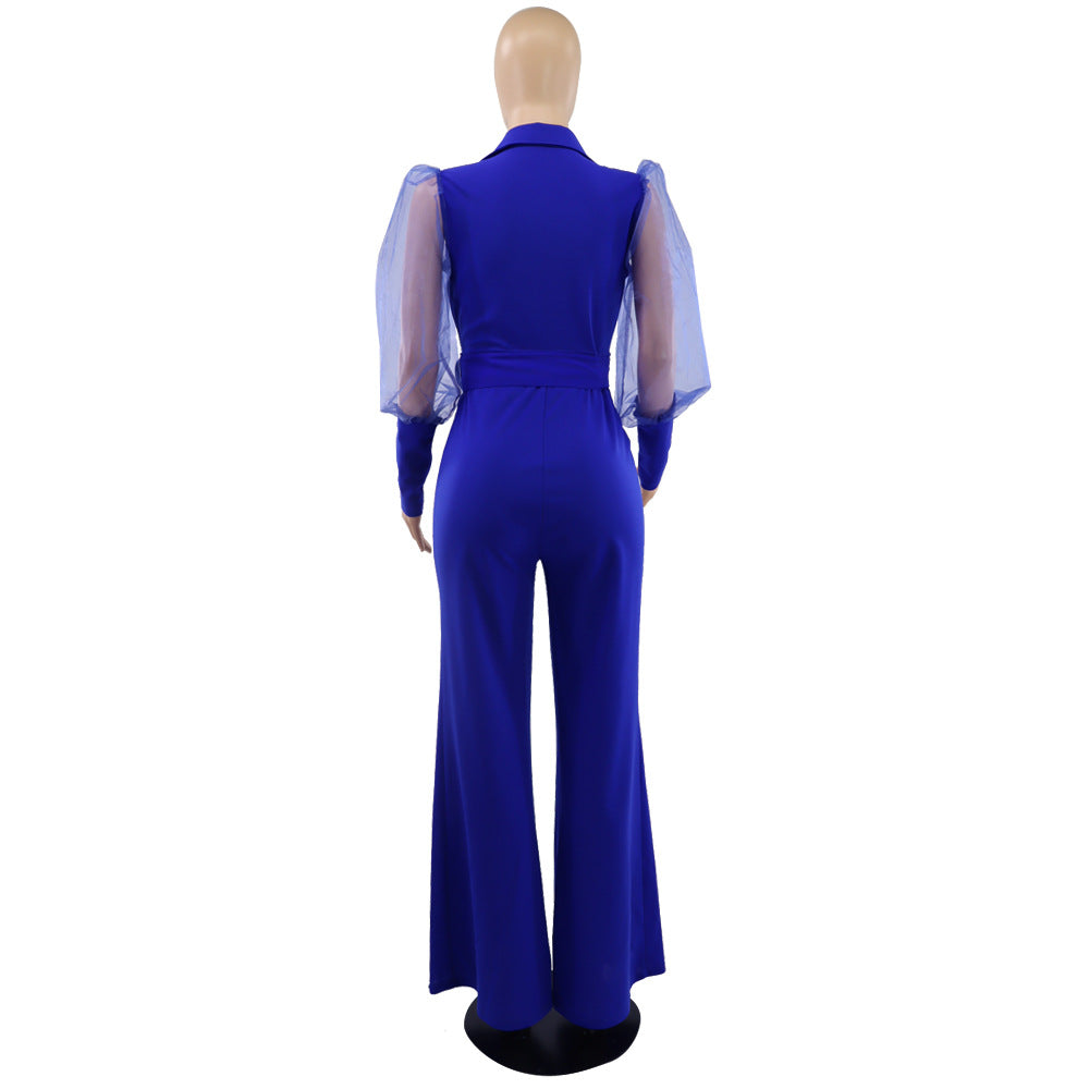 V-neck Mesh Puff Sleeve Special Women Clothing Loose Flared Jumpsuit