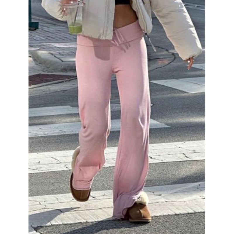 Spring Summer Street Outdoor Home Casual Pants Waist Lace up Smooth Straight Leg Trousers