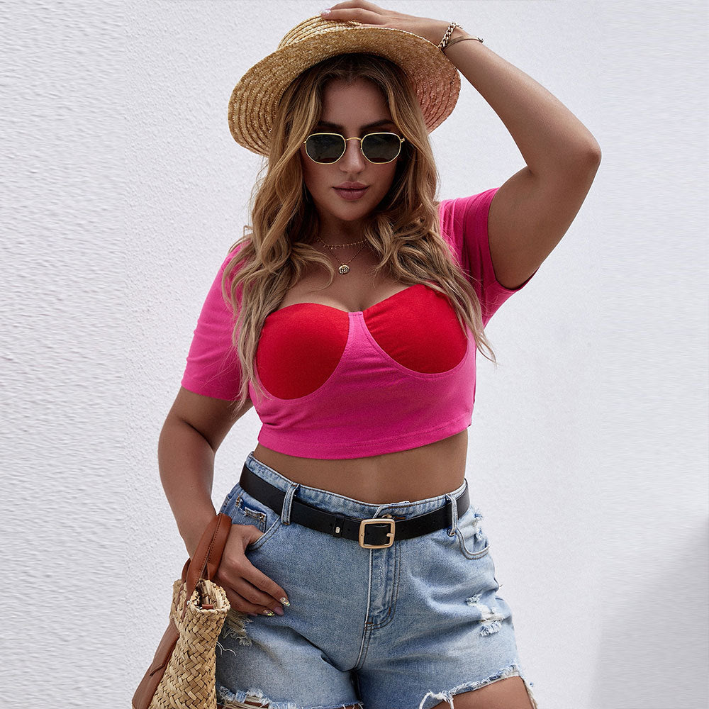 Plus Size Women Clothes Short Square Collar Slimming Short Sleeve T shirt in Contrast Color Top
