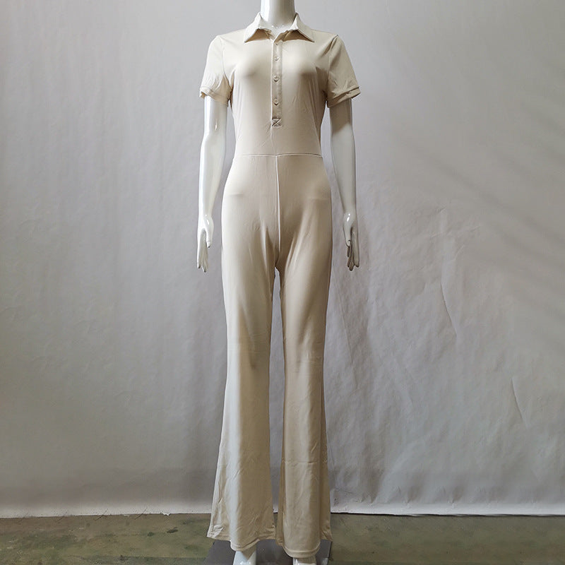 Autumn Winter Women Clothing Casual Tight Backless Collared Button Jumpsuit Women Bootcut