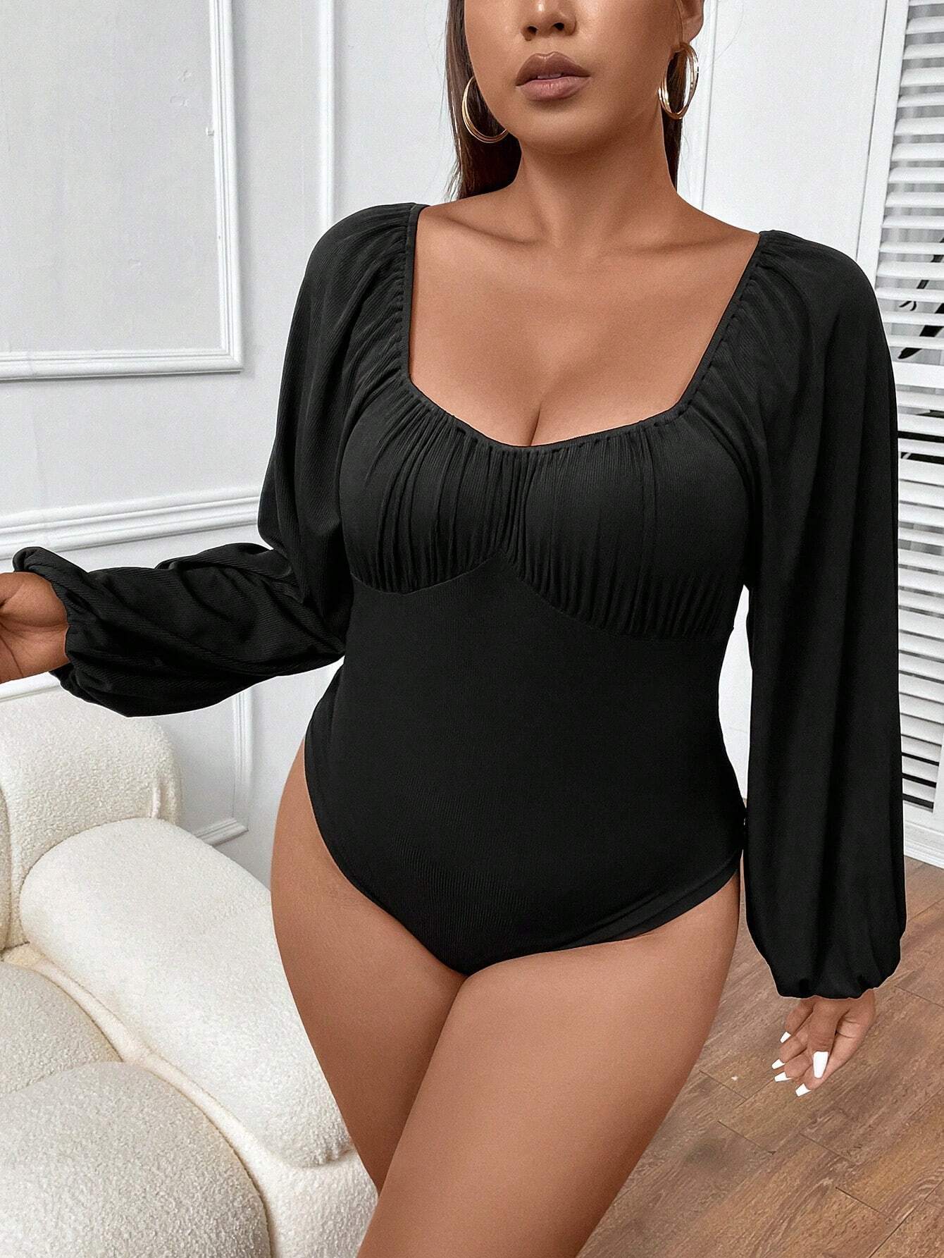 Plus Size Women Clothes Slim Fit Slimming Puff Sleeve Long Sleeve Sexy Jumpsuit