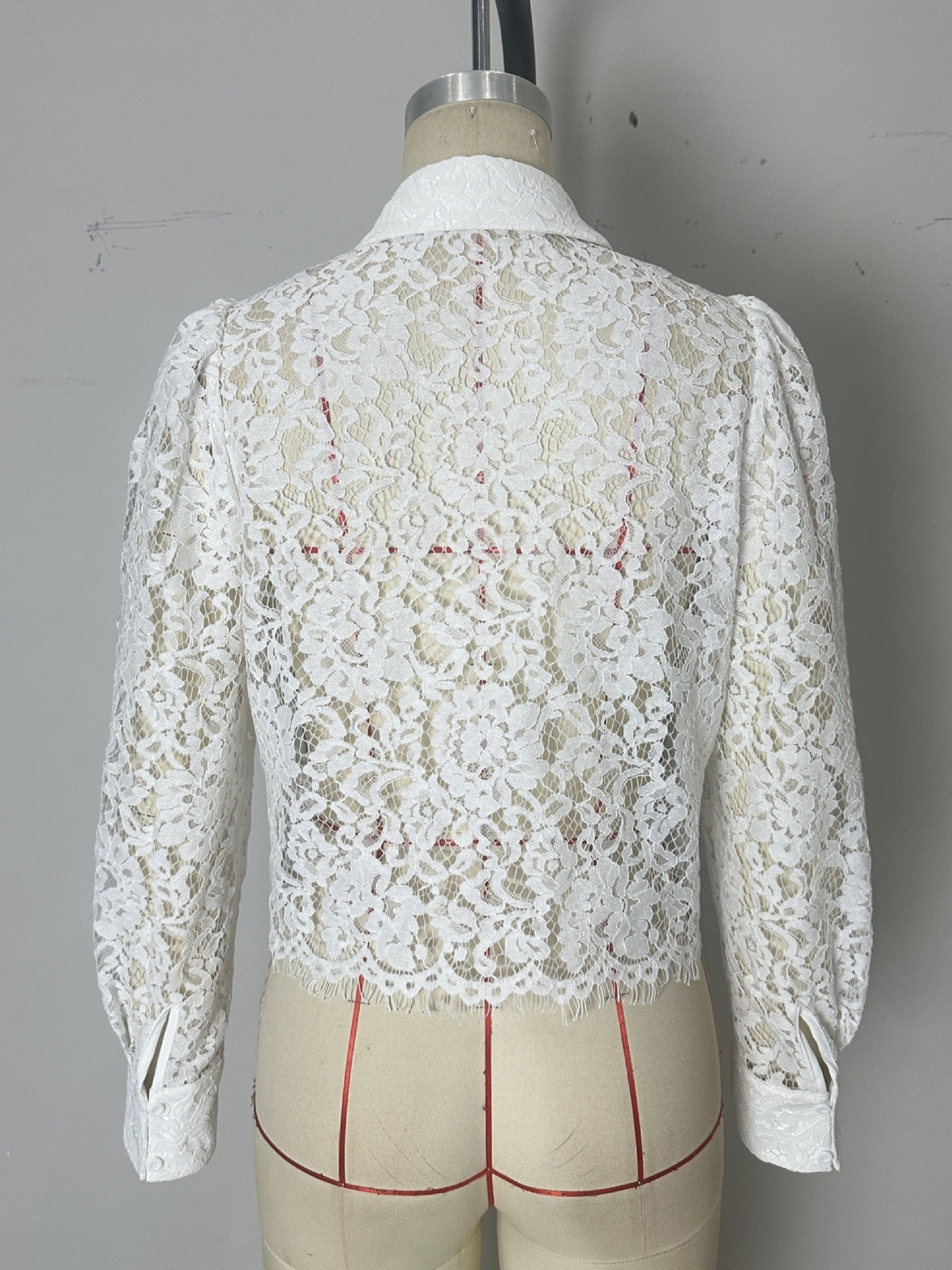 Women Clothing Sexy Lace Polo Collar Top Long Sleeve Tassel Edge Short Transparent Shirt