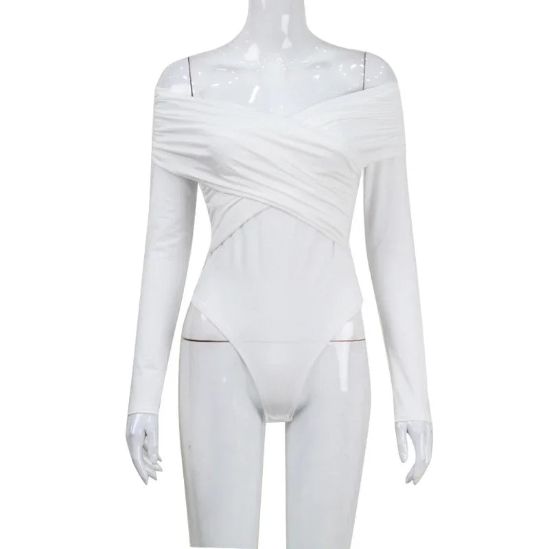 Co-op City Sexy off the Shoulder Long Sleeve Cross Pleated Slim High Waist Top