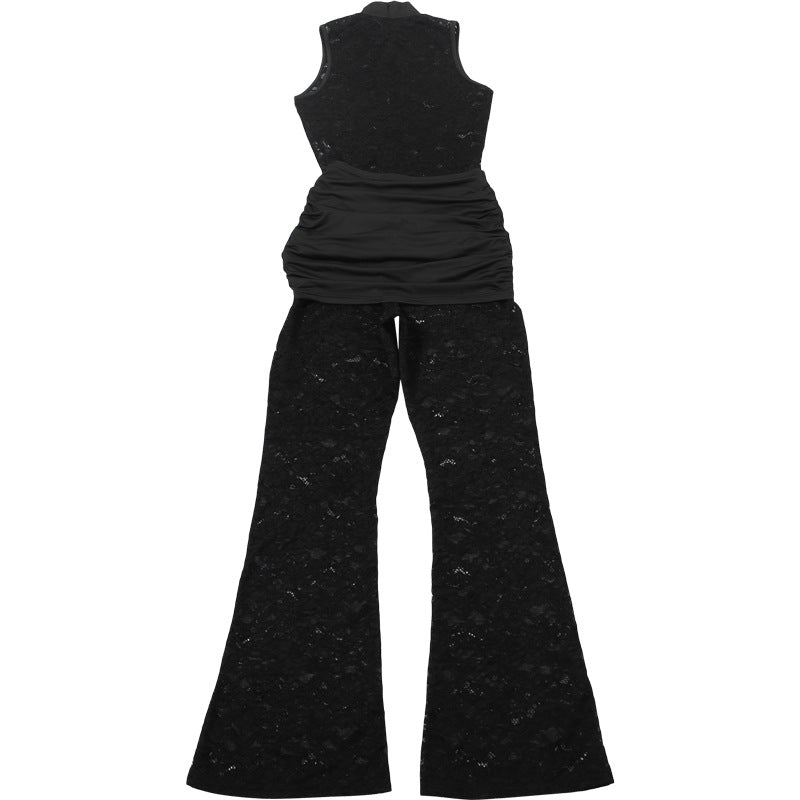 Autumn Winter Women Lace Stitching Sleeveless Sexy High Waist Slim Fit Micro Pull Jumpsuit