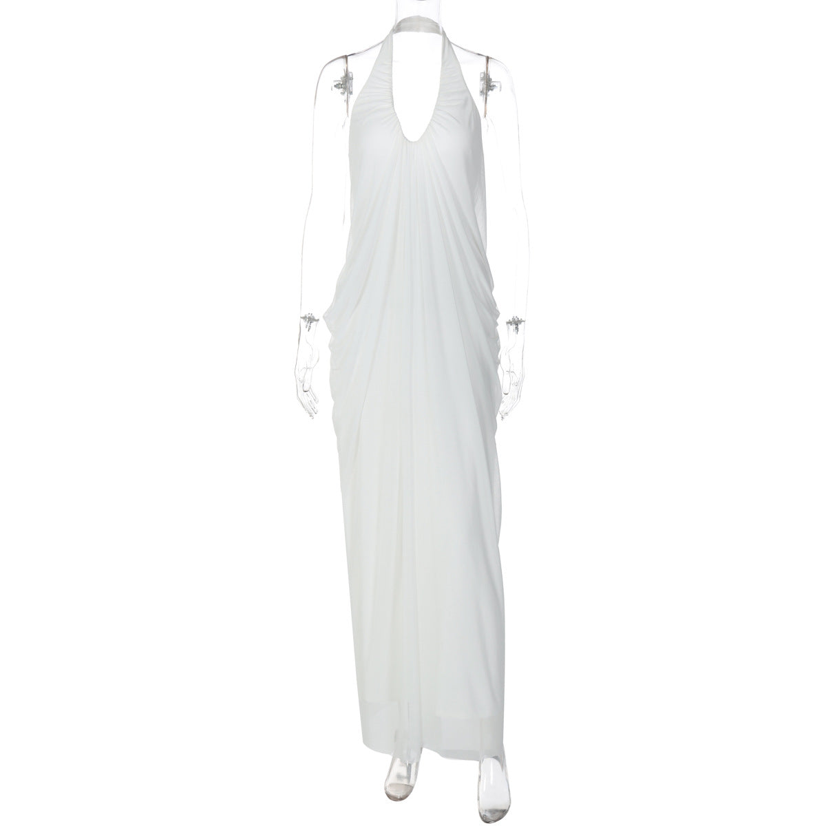 Los Frailes Sexy Loose Backless Sleeveless V Neck Pleated Long Halter Mesh Dress