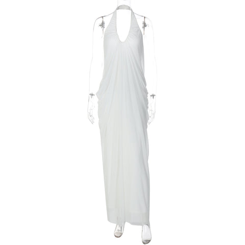 Los Frailes Sexy Loose Backless Sleeveless V Neck Pleated Long Halter Mesh Dress