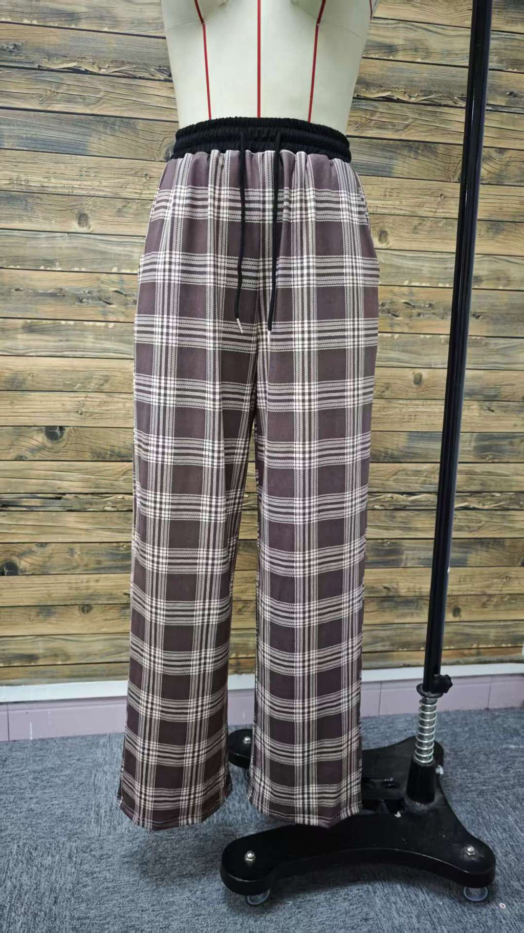 Autumn Winter Retro Loose Plaid Mid Waist Lace up Casual Wide Leg Pants