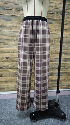 Autumn Winter Retro Loose Plaid Mid Waist Lace up Casual Wide Leg Pants