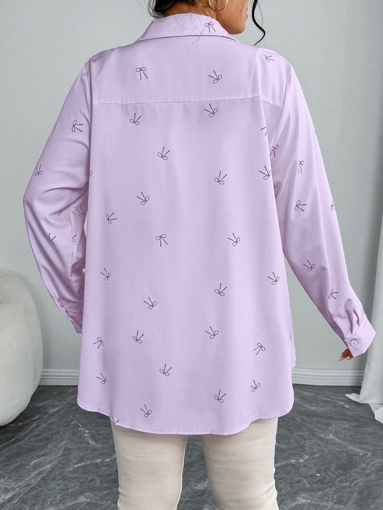 Plus Size Arrival Women Shacket Bow Print Long Sleeve Casual Shirt Autumn Loose