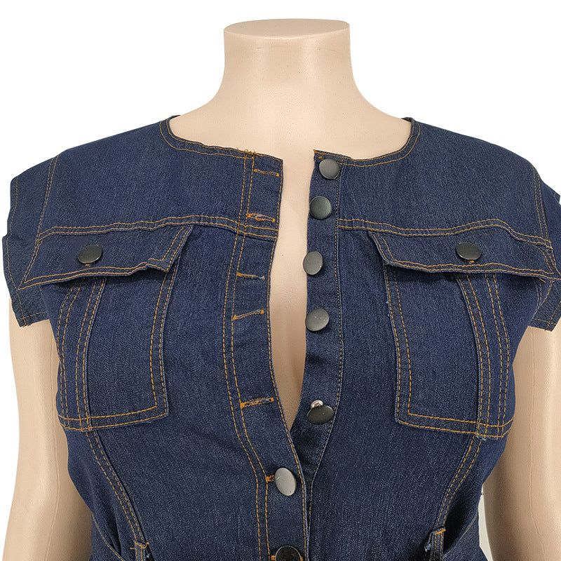 Plus Size Women Clothing Autumn New Denim Sleeve Wash Jumpsuit Trousers Sexy New
