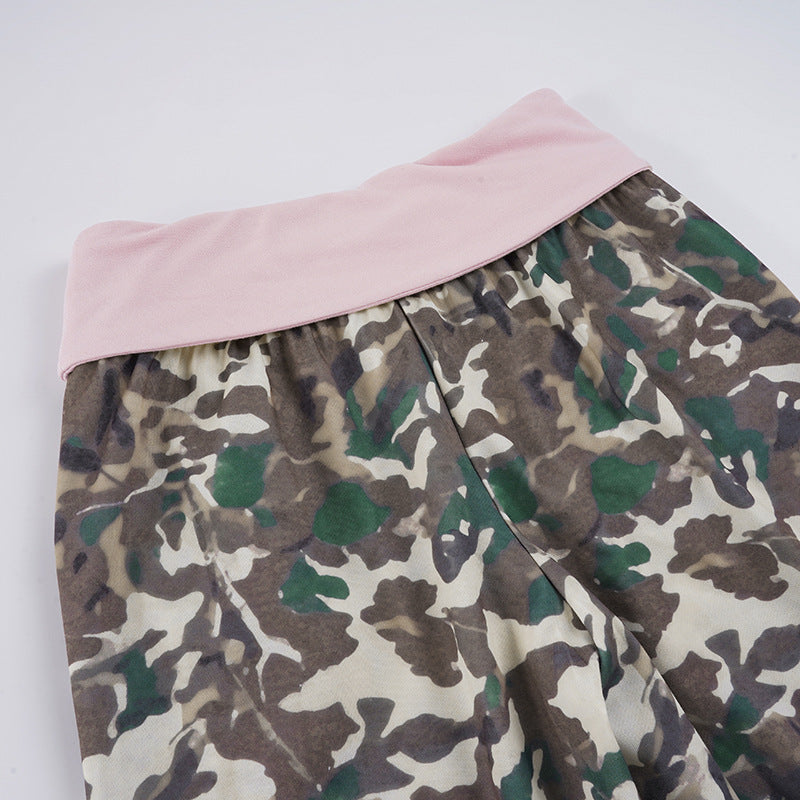 Retro Casual Camouflage Waist Contrast Color Trousers Women Street Sweet Spicy Loose Draggle Tail Straight Trousers