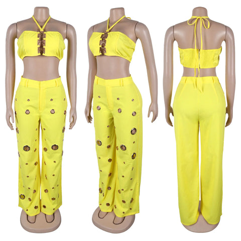 Beacon Falls Sleeveless Strapless Wide Leg Hole Hollow Out Two Piece Set