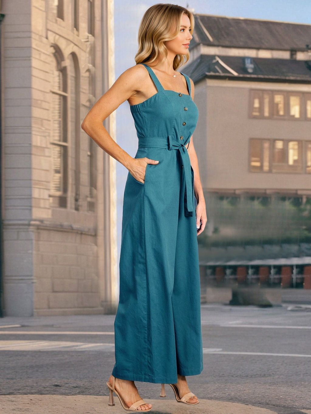 Summer Women Belt Sleeveless Sling Single Breasted One Piece Trousers