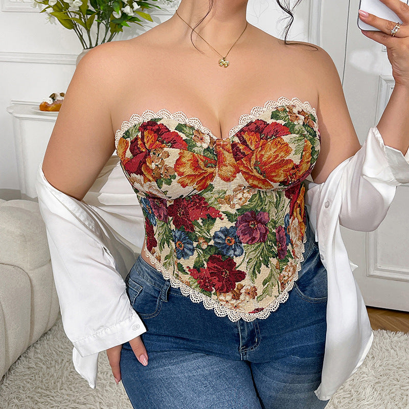 Plus Size Retro French Boning Corset Corset Sexy Vest Floral Wrapped Chest Tied Top Women Clothing