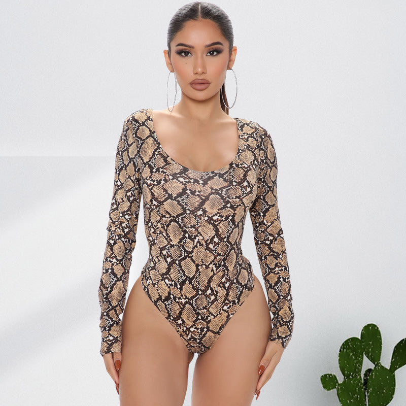 Plus Size Autumn Women Clothes Leopard Print Sexy Long Sleeve Jumpsuit
