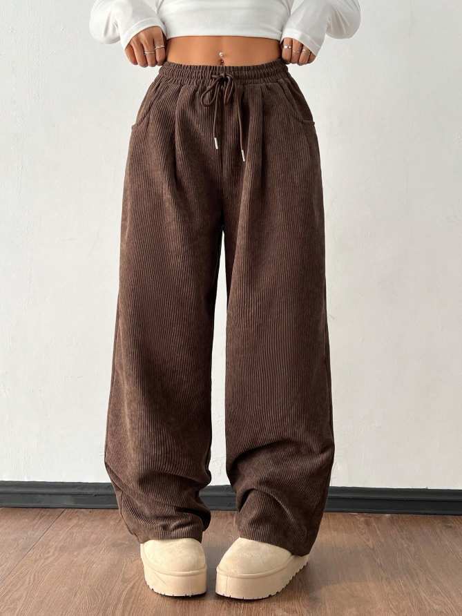 Women Autumn Winter Casual Corduroy Straight Loose Solid Color All Matching Casual Pants