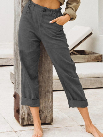 Women Clothing Summer Solid Color Cotton Linen Loose High Waist Casual Trousers
