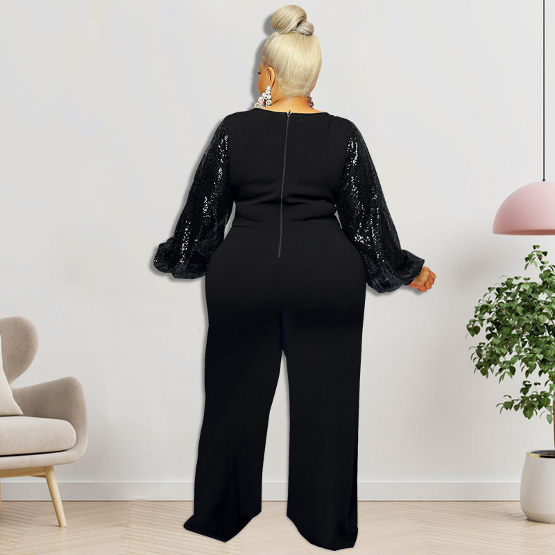 Plus Size Women Clothes Winter New Sequin Sleeve round Neck Jumpsuit New