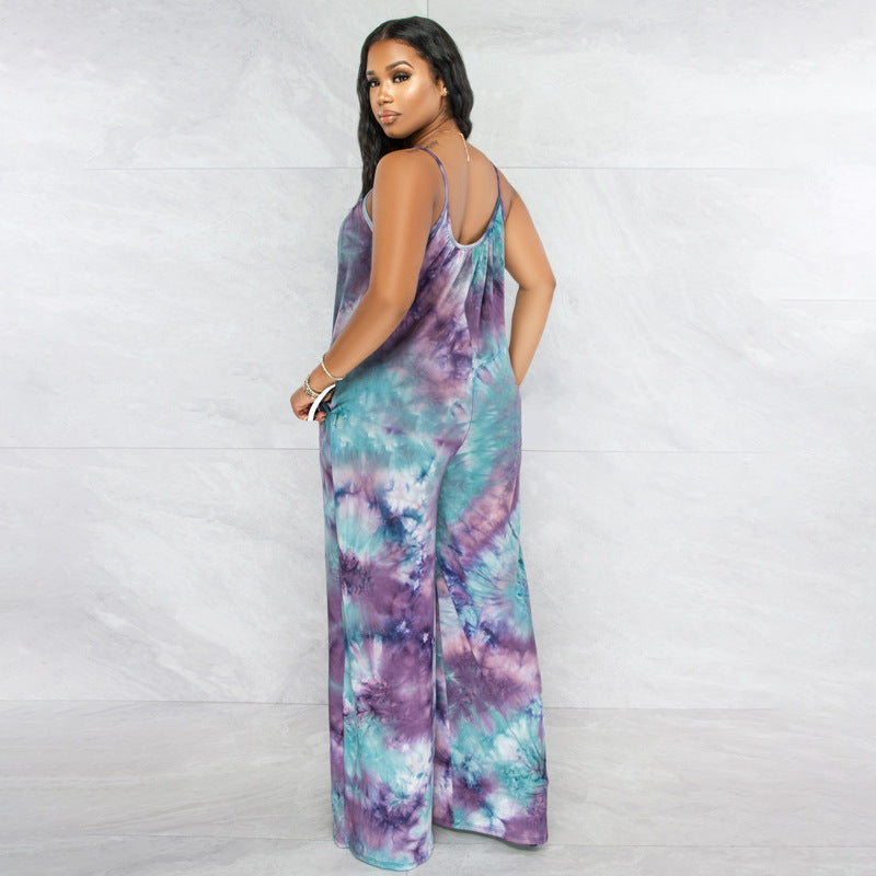 Plus Size New Tie-Dyed Printed Sling Casual Straight Stylish Loose Jumpsuit
