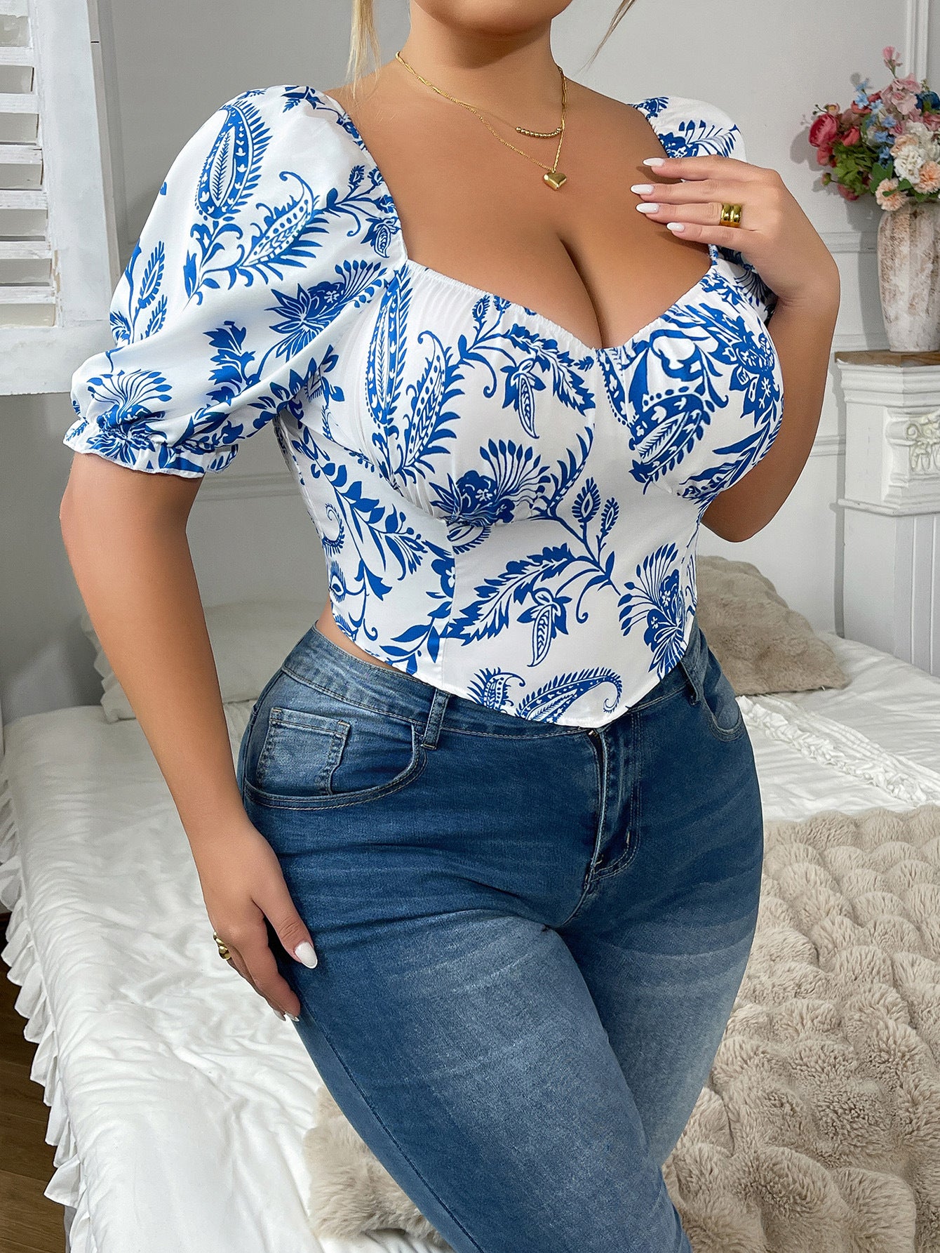 Plus Size Girl Floral Print Puff Sleeve Floral Short Sleeve Slim Top